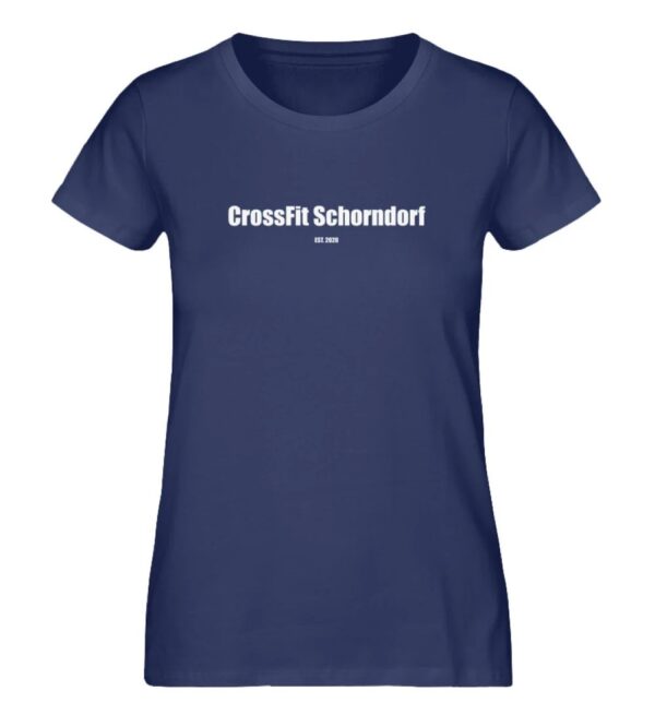 Entdecke unsere perfekt optimierten Klamotten bei der Fitnessstudio alternative - Crossfit. Diese Bild zeigt ein blaues Frauen T-Shirt mit der Aufschrift CrossFit Schorndorf