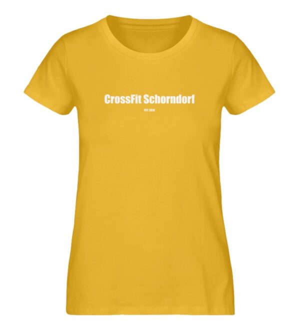 Entdecke unsere perfekt optimierten Klamotten bei der Fitnessstudio alternative - Crossfit. Diese Bild zeigt ein gelb Frauen T-Shirt mit der Aufschrift CrossFit Schorndorf