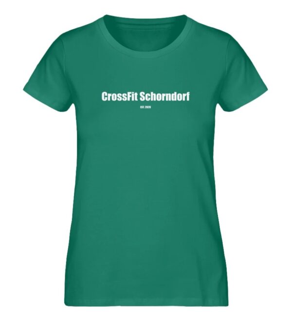 Entdecke unsere perfekt optimierten Klamotten bei der Fitnessstudio alternative - Crossfit. Diese Bild zeigt ein grünes Frauen T-Shirt mit der Aufschrift CrossFit Schorndorf