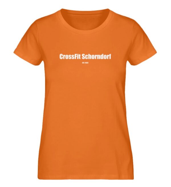 Entdecke unsere perfekt optimierten Klamotten bei der Fitnessstudio alternative - Crossfit. Diese Bild zeigt ein orange Frauen T-Shirt mit der Aufschrift CrossFit Schorndorf