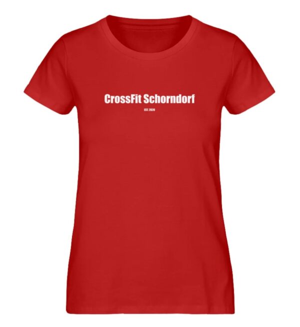 Entdecke unsere perfekt optimierten Klamotten bei der Fitnessstudio alternative - Crossfit. Diese Bild zeigt ein rotes Frauen T-Shirt mit der Aufschrift CrossFit Schorndorf